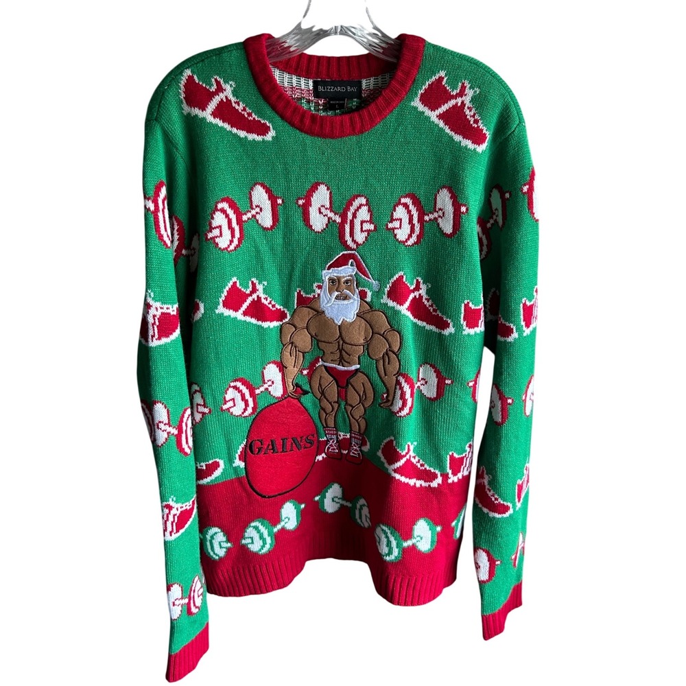 Blizzard Bay Men's Ugly Christmas Sweater Buff Muscular Santa Gains Sz L